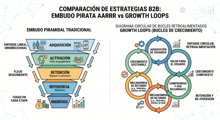 Infografía que contrasta el modelo lineal del Embudo Pirata AARRR frente a la metodología circular de los Growth Loops en estrategias B2B