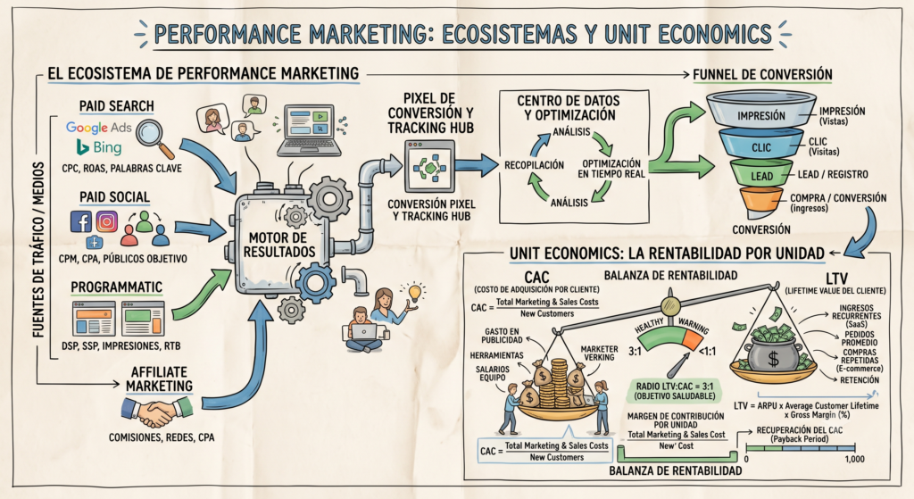 Aprende qué es el Performance Marketing, su ecosistema de canales y cómo dominar los Unit Economics (CAC y LTV) para maximizar el ROI de tu negocio.