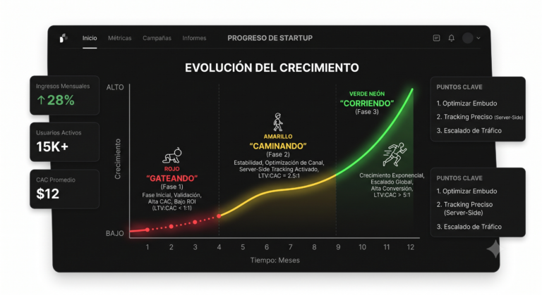 Dashboard analítico mostrando el roadmap de madurez empresarial en Growth Engineering y Performance Marketing B2B