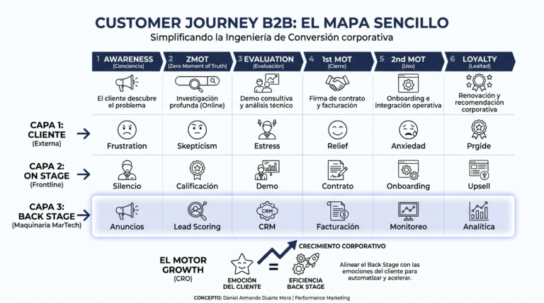infografía minimalista para explicarte de forma clara y estructurada el Customer Journey Map B2B. La imagen desglosa el proceso en tres niveles clave: la experiencia emocional del cliente, las acciones visibles del equipo (On Stage) y los procesos tecnológicos internos (Back Stage), mostrándote cómo optimizar cada punto de contacto para acelerar el crecimiento de tu negocio.