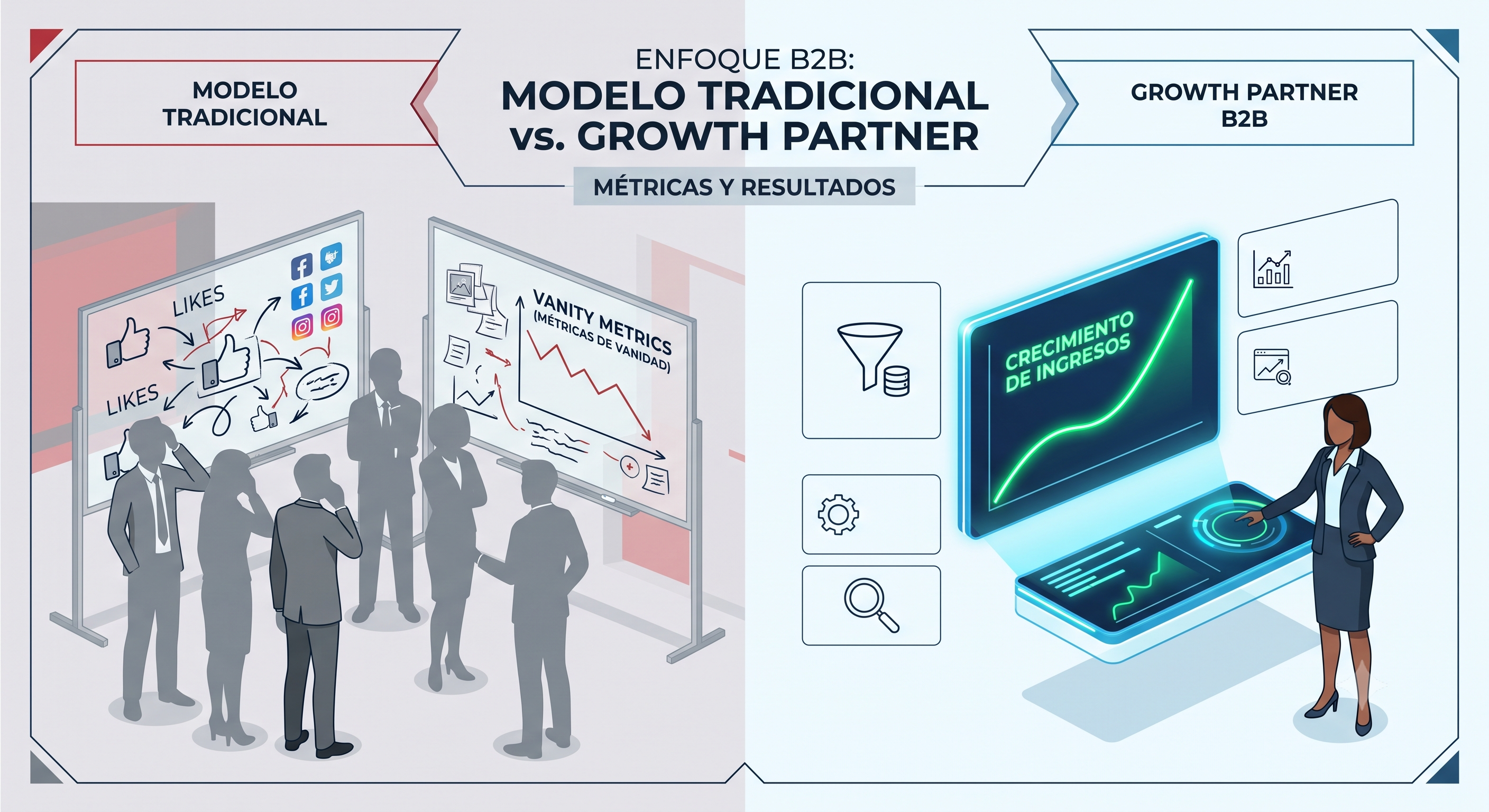Diagrama corporativo que explica qué es un Growth Partner B2B y para qué sirve, destacando la diferencia en ventas y martech frente a las agencias de marketing tradicionales.
