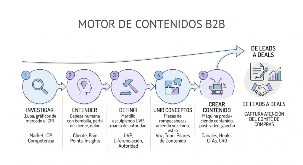 Descubre cómo construir un motor de contenidos B2B con este proceso de 5 pasos reales. Domina la investigación, el valor "Zero-Click" y optimiza tu CRO.