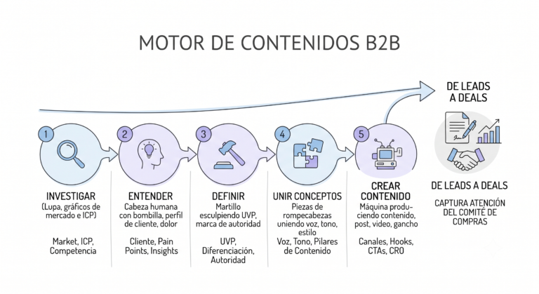 Descubre cómo construir un motor de contenidos B2B con este proceso de 5 pasos reales. Domina la investigación, el valor "Zero-Click" y optimiza tu CRO.