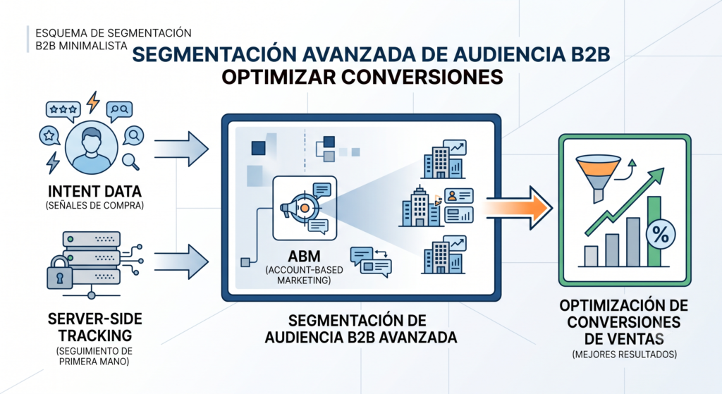 Esquema corporativo de segmentación avanzada de audiencia en B2B. Muestra la integración de Intent Data, Server-Side Tracking y Account-Based Marketing (ABM) para la optimización de sales conversion.