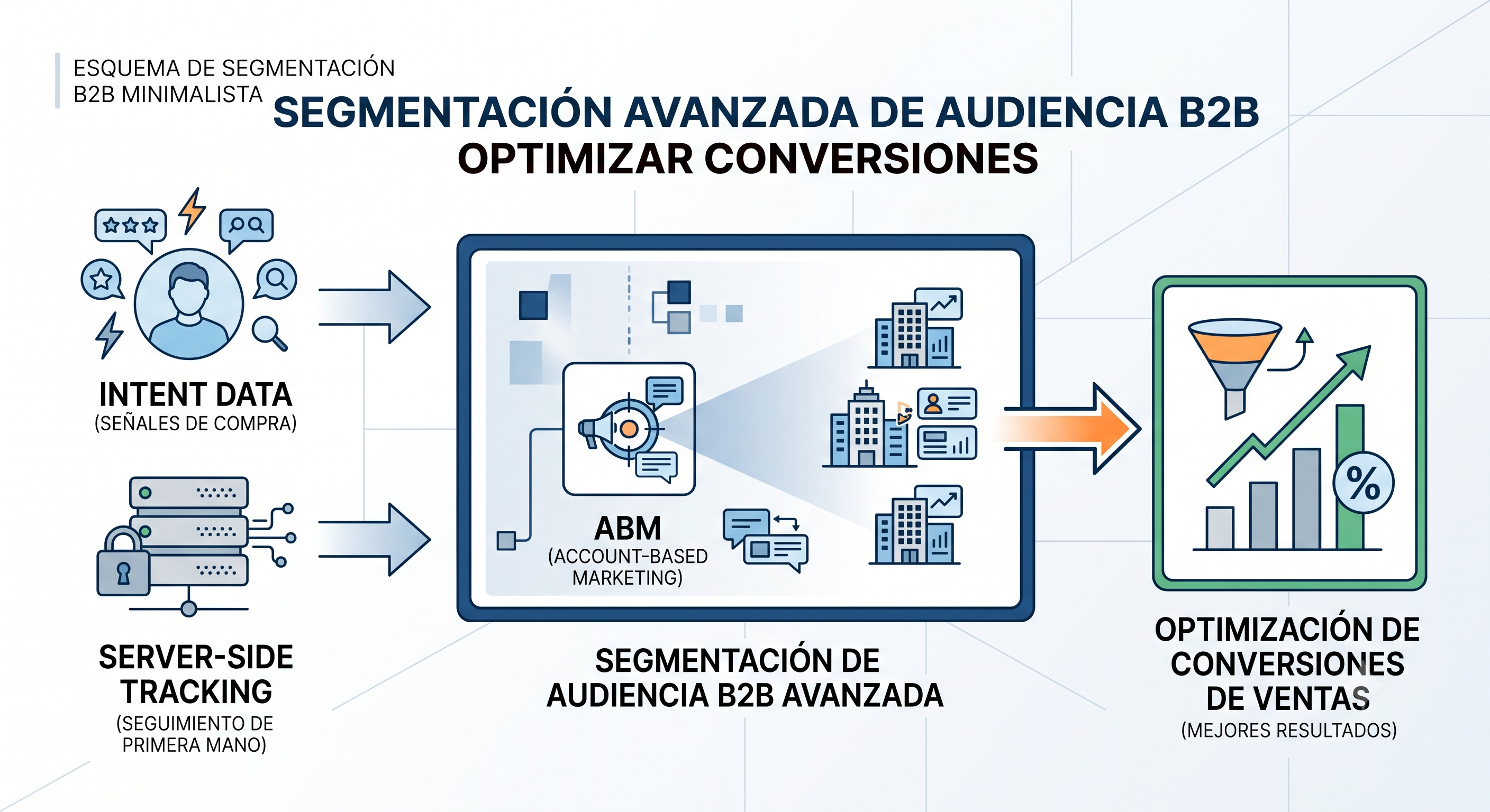 Esquema corporativo de segmentación avanzada de audiencia en B2B. Muestra la integración de Intent Data, Server-Side Tracking y Account-Based Marketing (ABM) para la optimización de sales conversion.